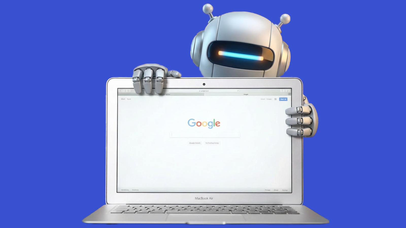 A robot leaning over a laptop