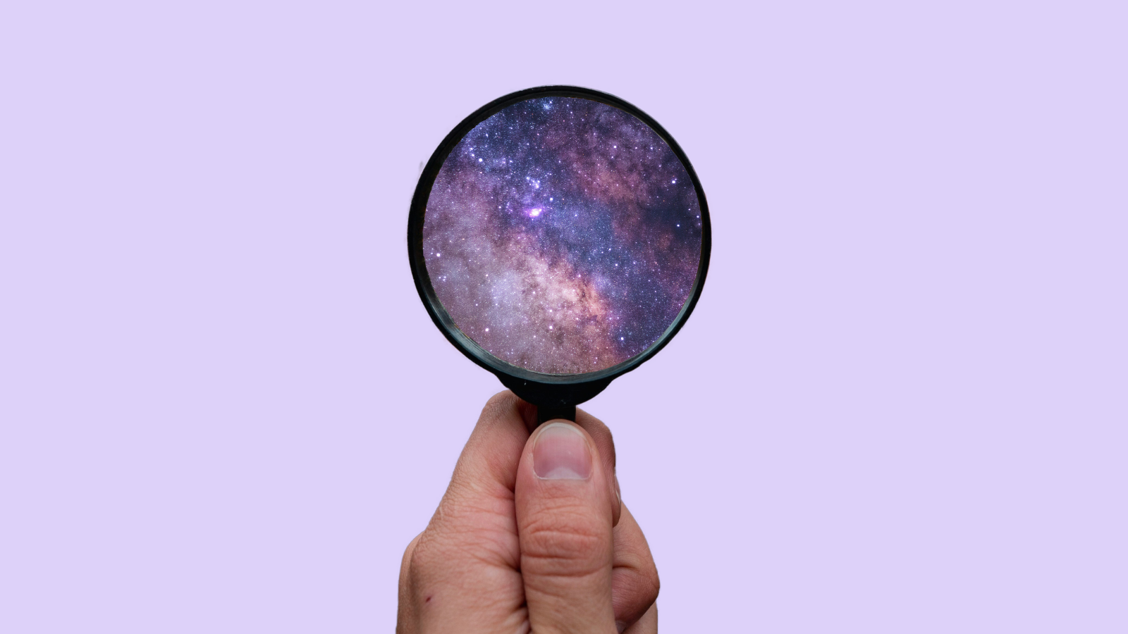 A magnifying glass with a lilac tint gazing into the infinite universe, symbolizing search functionality