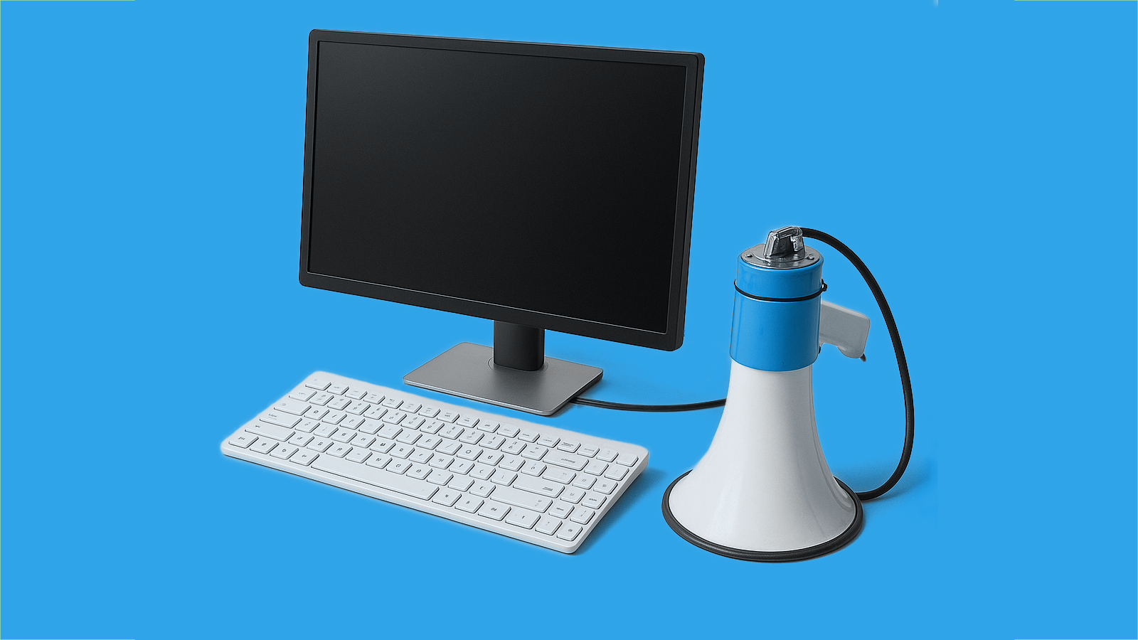 A PC with a megaphone instead of a mouse, representing digital marketing and advertising